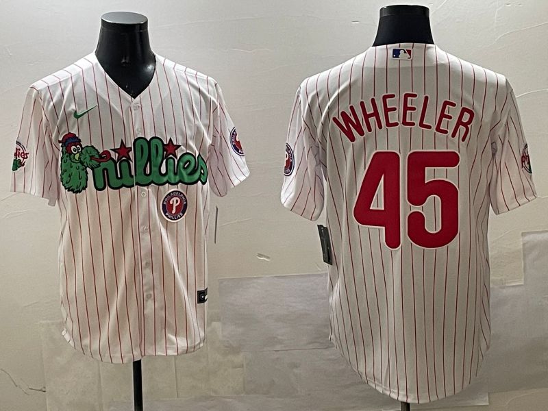 Men Philadelphia Phillies #45 Wheeler White Stripe Three generations Joint Name Game 2025 Nike MLB Jersey style 5